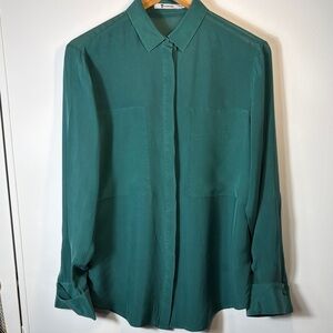 T by Alexander Wang Silk Button Front Blouse Green Long Sleeve L